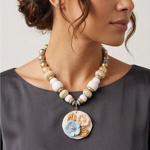 Plunder Design Floral Statement Necklace | Pastel 3D Flower Pendant & Mixed Bead